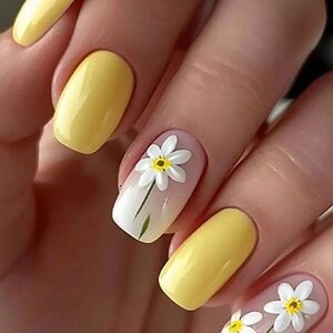 24pcs Midi Geometric Floral Style Matte Yellow Nail Tips Press On Nails